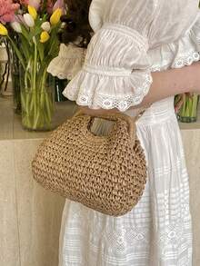 时尚编织草编手提包，优雅适合度假旅行，别致的顶部提手手提包，卡其色，轻便拉链袋 - 卡其色 - 查看 3