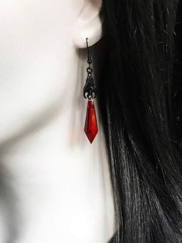 1 Par de Brincos Pendentes Geométricos Estilo Gótico Vermelho Preto Morcego e Prata Palma, Moda e Adequado para Festa de Halloween ou Qualquer Ocasião, Presente para Ela