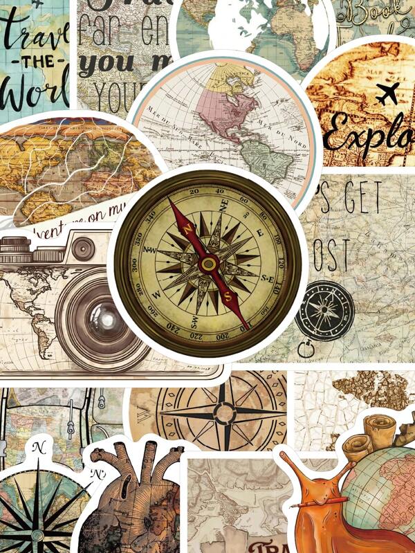 50pcs Vintage Travel Map Art Doodle Stickers , Vintage Explorer For Scrapbooking, Laptops, Luggage, Phone Cases, DIY Gift Collections, Vintage Travel Posters