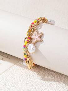 1 pulseira com pingente de pérola, estrela do mar e concha, elegante, cor dopamina, fresca, simples e versátil