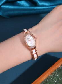 1 Peça Relógio de Quartzo Feminino Clássico Minimalista com Pulseira de Cerâmica Branca, Mostrador Oval Incrustado de Zircônia, Adequado para o Dia a Dia, Festas, Presentes de Aniversário
