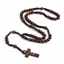1pc Handmade Wooden Bead Rosary Necklace With Cross Pendant