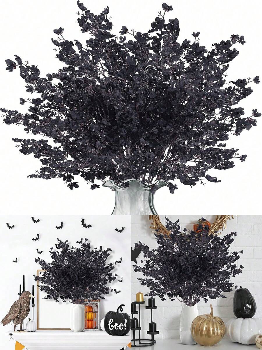 4 件装黑色和红色秋花人造满天星散花，可用作 DIY 花束、厨房、办公室、卧室、餐桌装饰、秋季装饰、人造花、黑色和红色曼萨尼塔、人造植物、家居装饰、感恩节、万圣节、圣诞节