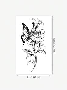 1pc Washable Temporary Floral & Butterfly Design Tattoo Sticker, Elegant Flower Tattoos, Waterproof & Sweat Resistant, Suitable For Daily Use - Black - View 3