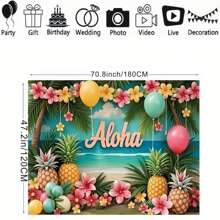 2D Flat 1 Piece Hawaiian Seaside Outdoor Theme Background Banner Aloha Alphabet Pineapple Floral Pattern For Hawaiian Seaside Party Background For Vacation Party Moments Photography Background Decoration Props Vinyl Material