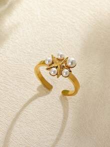 1 件时尚仿珍珠海星戒指女士金色不锈钢优雅开口戒指夏季海滩度假派对珠宝礼物 - 金黃色 - 查看 4