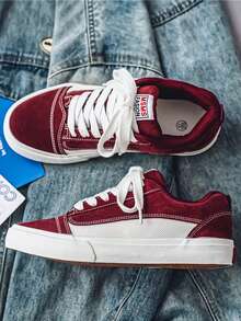 Men's Canvas Shoes, 4 Colors, Fashionable Solid Color Classic Round Toe Lace-Up Casual Shoes, Suitable For Teenagers, Students, Versatile, Shiny 3-Layer Vulcanized Soles, For Party, Outdoor, Travel, Streetwear, Comfortable Fabric, ,Gym - Burgundy - View 5