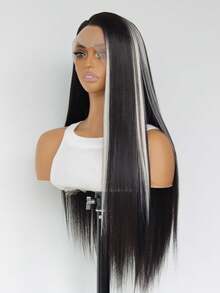24" Black With White Highlights 13x4 Lace Front Wig Heat-Resistant Ombre Straight Synthetic Wig Pre-Plucked Hairline Free Part Perfect For Daily Wear & Parties - Điểm nhấn màu trắng - Xem 6