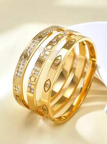 1pc/3pcs Fashion French Luxury Stainless Steel Devil's Eye, Clover, Pentagram Zirconia Bracelet, 18K Gold Plated, Simple & Elegant, Not Discolored Buckle Bangle, Suitable For Women Daily & Date Wearing