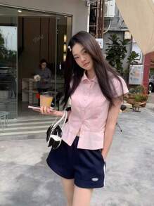 Women Summer Solid Color Casual Turndown Collar Short Sleeve Blouse