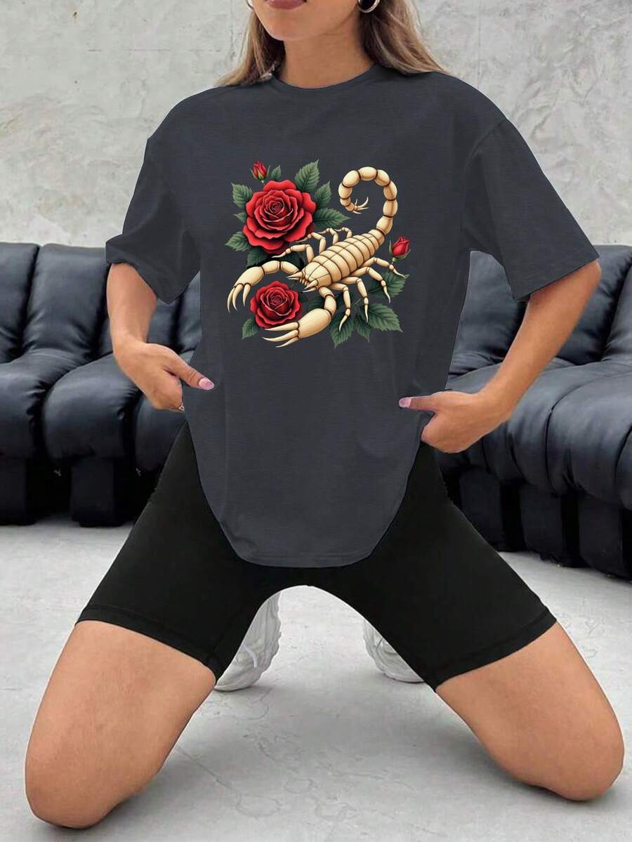 Scorpion And Rose Design Women's Plus Size Sports Short Sleeve T-Shirt - Dark Grey - View 1