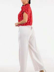 High Elastic Waist Wide Leg Linen Pants White - Multicolor - View 5