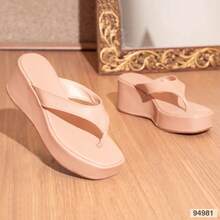 Tamanco Salto Confort Anabela estilo Chinelo Flatform Plataforma Confortável Ref 2160 tendencia - Bege - Visão 4