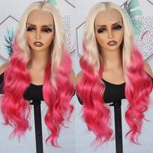 13x4 Free Part HD Lace Front Wig Ombre Purple Color Long Body Wave Synthetic Hair 180% Density Pre-Plucked Glueless Purple Ombre Colored Long Wavy Hair 26 Inch Free Part Soft Natural Look For Women Versatile Styling Options - 漸層粉紅色 - 查看 6