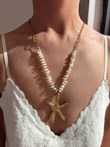 Monlansher Collana con pendente a forma di stella marina in acciaio inossidabile e perline alla moda per donna, collana artigianale con catena e pietra bianca, adatta a uso casual, da festa e quotidiano