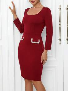 Women Solid Color Round Neck 3/4 Sleeve Bodycon Dress, Elegant Back Zipper Knee Length Skirt For Work
