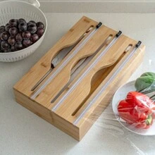 Bamboo Storage Box 2 In 1/3 In 1 Bamboo Storage Box, 1pc Storage Bag Organizer | Multipurpose Fresh-Keeping Bag Box With Cutter, For Fresh-Keeping Film, Aluminum Foil Film And Plastic Bag, Kitchen Organizers Kitchen Accessories 3 In1 Aluminum Foil Plastic Wrap Dispenser With Cutter And Label