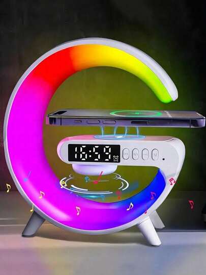 1 pieza Altavoz inalámbrico Voncerus, Lámpara de mesa con forma de G, Luz ambiental nocturna con función de carga inalámbrica, Lámpara de mesilla de noche con reloj despertador y función de carga, Regalo