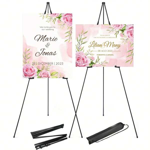 Support de chevalet d'affichage pour panneau de mariage et affiche, chevalet d'artiste portable 160 cm/63 po, chevalet métallique noir pliable sur trépied, chevalet d'affichage réglable et rétractable pour peinture, facile à plier