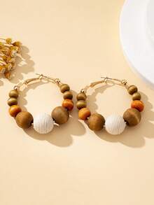 Tropiscape 1 Pair Women Wooden Bead Earrings, Maillard Color Suitable For Everyday Wear, Autumn/Winter Gifts - Beige - View 8