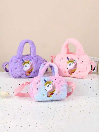 Unicorn Handbag And Coin Purse Set, Plush Cute Daily Outfits Shoulder Crossbody Bag