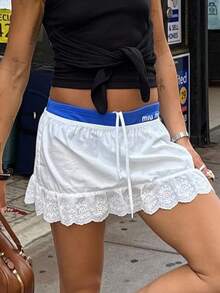 Women Y2K Sheer Lace Ruffle Mini Skirt Low Rise Mesh Ruffle Hem Shorts Fairy Micro Skirt Coquette Going Out Beachwear - trắng - Xem 9