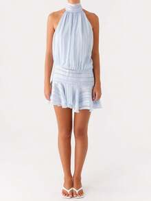 Women Mini Halter Neck Dress Pleated Sleeveless Open Back A-Line Layered Ruffle Short Dress - Blue - View 5