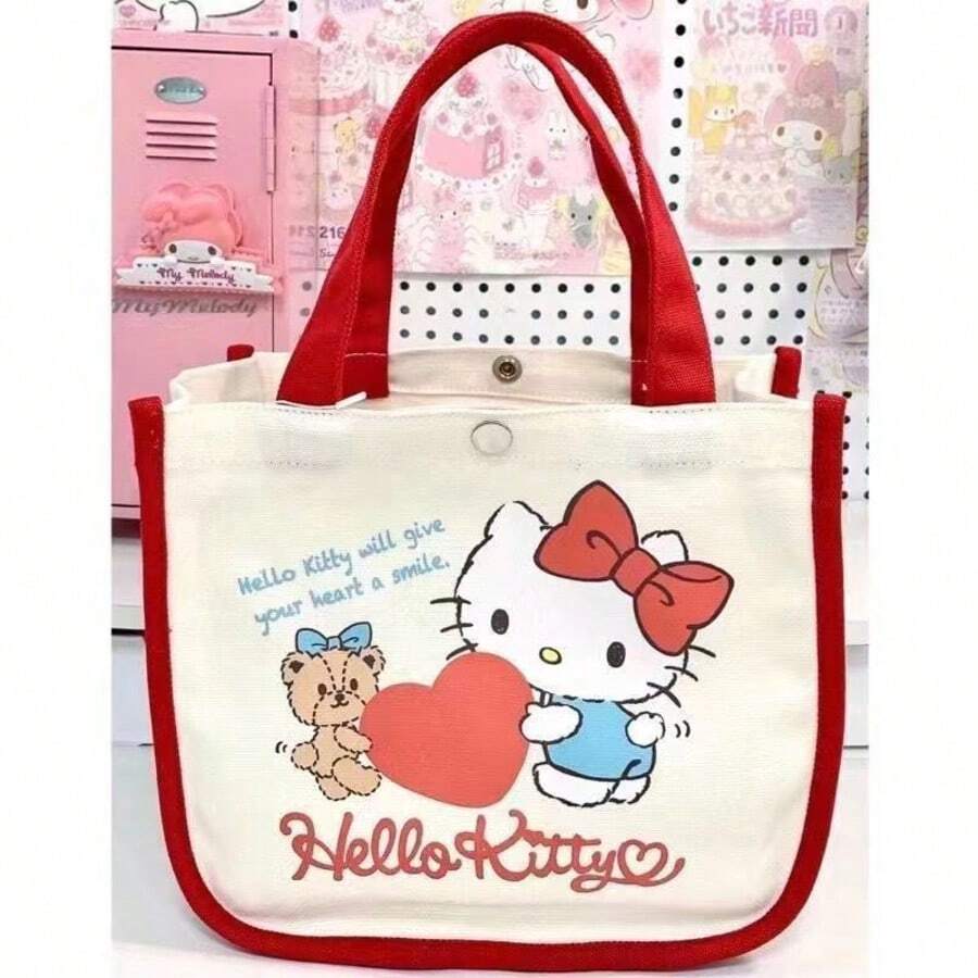 Sanrio Bolso de lona con diseño de Hello Kitty, nuevo bolso de mano, bolsa de almuerzo y bolso de mano de Kitty, adecuado para vacaciones, Halloween, Navidad, fiestas, cumpleaños, regalos
