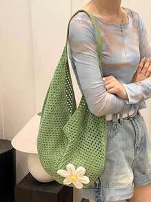 Hollow Out Weave Bag Bohemian Style Beach Handbag Hollow Tote Bag Large Capacity Slouchy Style Beach Bag Shopping Women Casual Beach Bag Large Capacity Crochet Flower Tote Bag Fashion Tote Handbags Outdoor Travel Bag