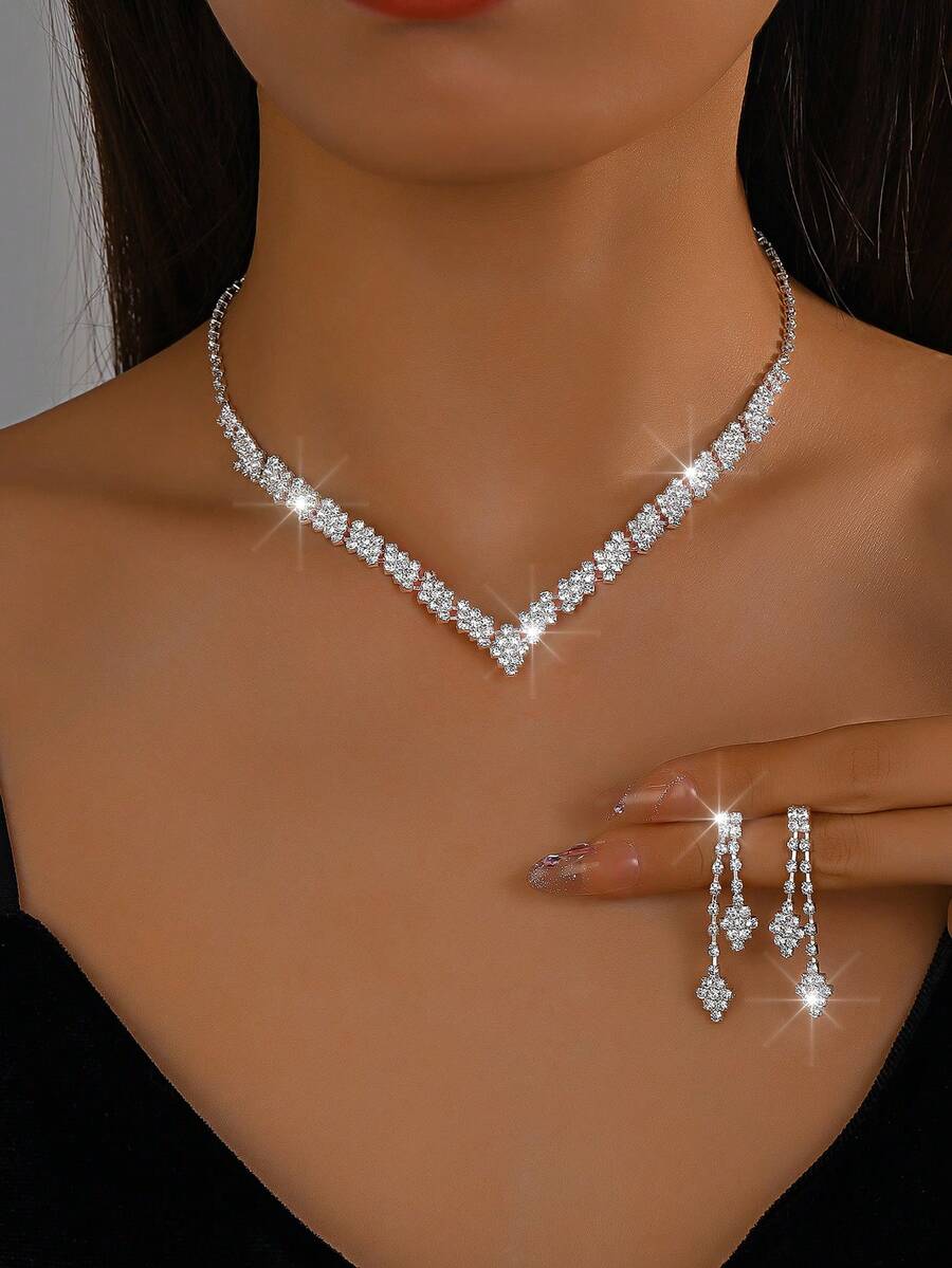 1 Set Bohemian Rhinestone Claw Chain Necklace & Bracelet Luxury Jewelry Set, Suitable For Women's Daily, Wedding And Party Wear - Silver - View 1