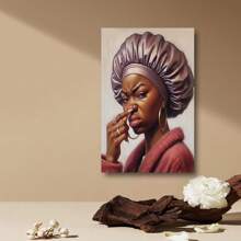 Framed Interesting African American Bathroom Canvas Wall Art, African Toilet Pinching Nose Poster, Humorous Smelly Woman Wall Decorative Poster