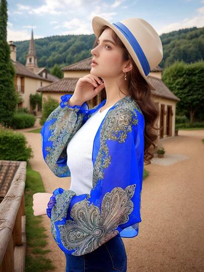 قطعة مشمس واقية من الأشعة للنساء من الشيفون بطبعة باقة زخرفية اسلامية، موضة جديدة فضفاضة رقيقة للواقي شمسي ، كاجوال للخارج والسفر والشاطئ، شال طويل الأكمام