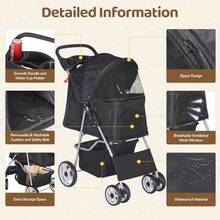 ZENY Foldable Pet Stroller, Cat/Dog Stroller With 4 Wheel, Pet Travel Carrier Strolling Cart With Storage Basket, Cup Holder (Black) - Black - View 5