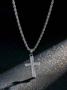1pc Fashionable Hip Hop Style Men's Necklace With Cross Element, Gift Box Packaging Accessory For Daily Wear And Party - Silver - View 9
