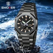 1pc Men's Executive Watch With Dual Display, Alarm And Date Function, Stainless Steel Strap