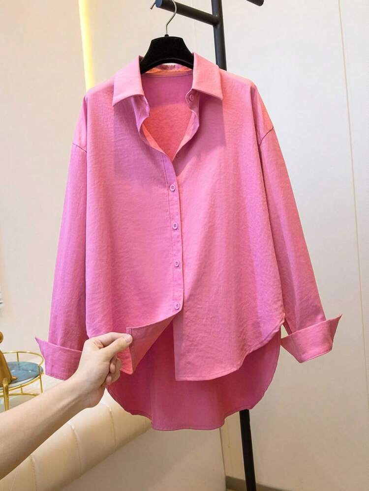 极简翻领长袖宽松女式衬衫外套，采用衬衫领和不对称下摆设计 - 玫紅色 - 查看 1