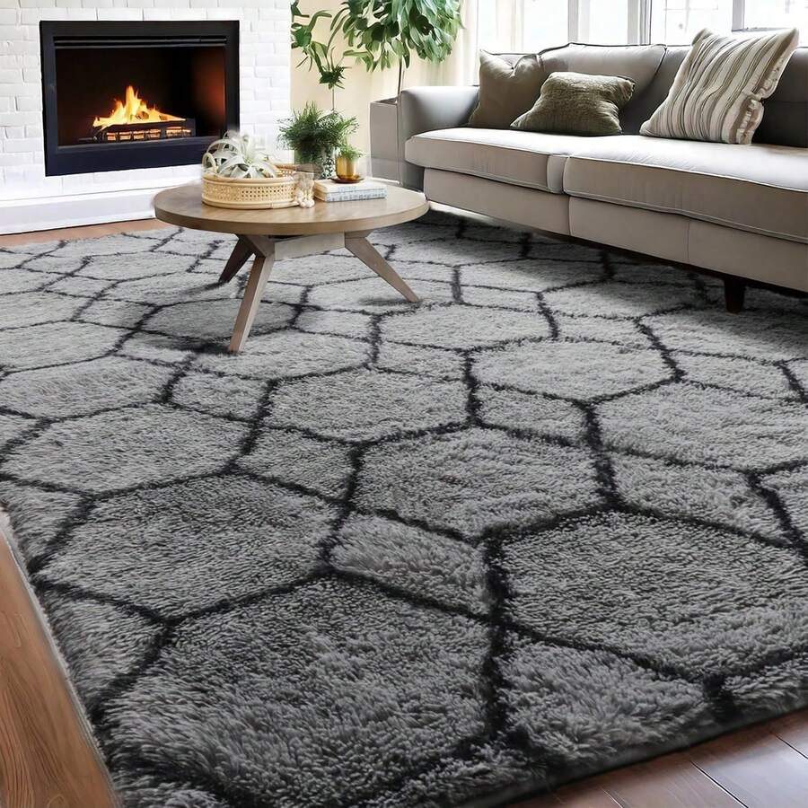 Treeboy Fluffy Rugs Living Room, Grey Area Rugs For Bedroom, Washable Anti Slip Large Shaggy Soft Rug Fluffy Modern Carpets Mat Beside Area Rug For Living Room Kids Room - Grey & Black - View 1