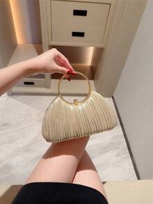1pc Women's Elegant Box Pleated Design Evening Bag, Luxury Glitter Handle Clutch Purse, Charming Formal Dress Party Handbag Suitable For Dates, Balls, Birthdays, And Formal Occasions, Clutch Bag For Wedding - Gold - View 6