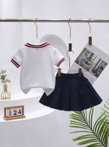2pcs/Set Girls Summer Outfit, Include Loose Skirt And Striped Polo Shirt, Suitable For Young Girl, Party, Sports Events
