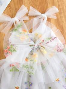 Vestido de princesa elegante e doce para meninas, 1 peça, laço, renda, bordado, flor, tule, babados, decoração, festa, praia, aniversário, primavera/verão