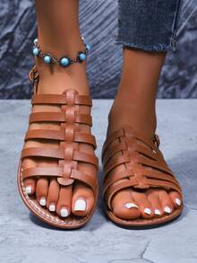 女士罗马凉鞋，优雅波西米亚休闲沙滩派对时尚 PU 皮革扣平底凉鞋，适合夏季海滩、度假、婚礼、派对、办公室、户外健身房使用