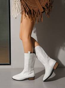 New Women's Embroidered Leather White Western Boots, Pointed ToeThick Heel High Heel Sleeve Mid-Calf Boots, Outdoor Leisure FashionBoots