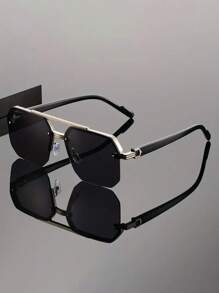 1 Pair Men's Square Double Bridge Aviator Sunglasses, High-Quality Metal Frame Design, Cool & Fashionable, Suitable For Daily, Vacation And Travel Use