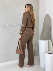Mousse Knit Set With Blouse And Cargo Pants With Elegant Casual Weave - Rỉ Nâu - Xem 2