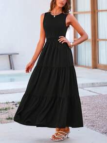 Women Sleeveless Summer Dresses Round Neck Elastic High Waist Flowy Tiered A-Line Maxi Dress With Pockets Beach Holiday Vacation Wedding Guest Valentine Long Dress Outfits - 黑色 - 查看 5