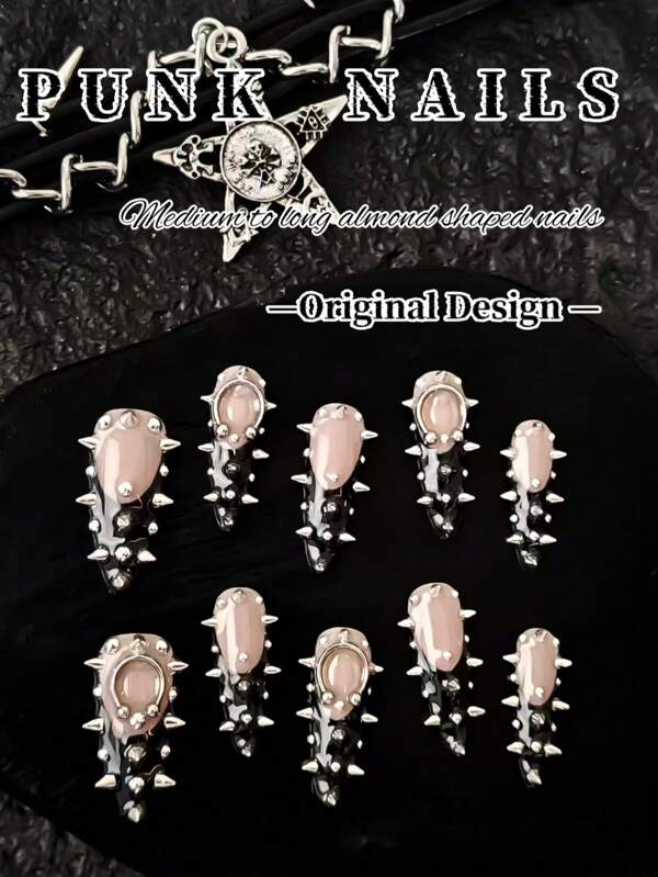 Original Design, Handmade, 10 Pieces Of Punk Style Nails, Rivet Nails, Denim Pattern Design, Medium To Long Almond Shaped Fake Nails, Perfect Fusion Of French And Punk Elements, Enhance Personal Temperament, And Make You A Unique Punk Girl. Hot And Spicy Punk Girl Cyberpunk Metal Heavy Dark Black Nail Set, Suitable For Women And Girls To Wear On Daily Holiday Parties, Enhance Your Appearance, Press Your Nails