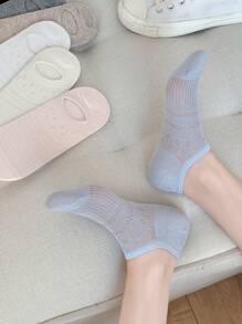 5 Pairs Women Solid Color Boat Socks, Invisible Silicone Non-Slip Breathable Hollow Out Thin Casual Socks