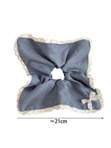1pc Vintage Denim Blue Bowknot Hair Scrunchie, Elegant Lace Trim Hair Tie, Hair Accessories For Ponytail
