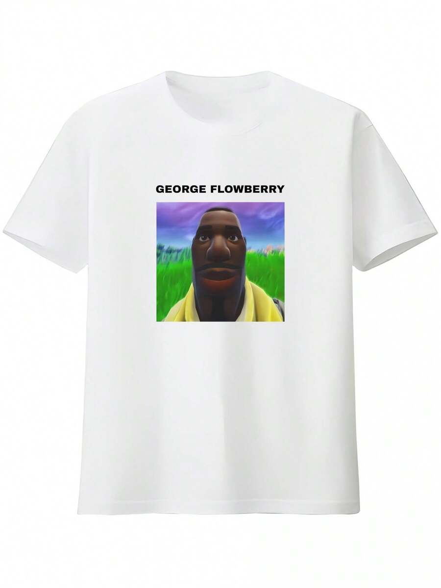 Men's 100% Cotton Graphic T - Shirt With George Flowberry Motif, Round - Neck Design, White, Casual Style, Suitable For Daily Wear And Events, All - Season. Funny Tshirts, Men Clothing, Graphic Tees Men, Vacation Outfits Men, Streetwear Graphic Tees - White - View 1