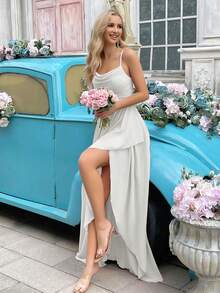 QOQ 优雅简约女士婚礼正式礼服，夏季伴娘礼服，适合婚礼、宾客、晚宴、正式活动、订婚派对、花园婚礼 - 纯色垂褶领不对称下摆长款连衣裙 - 本白 - 查看 3